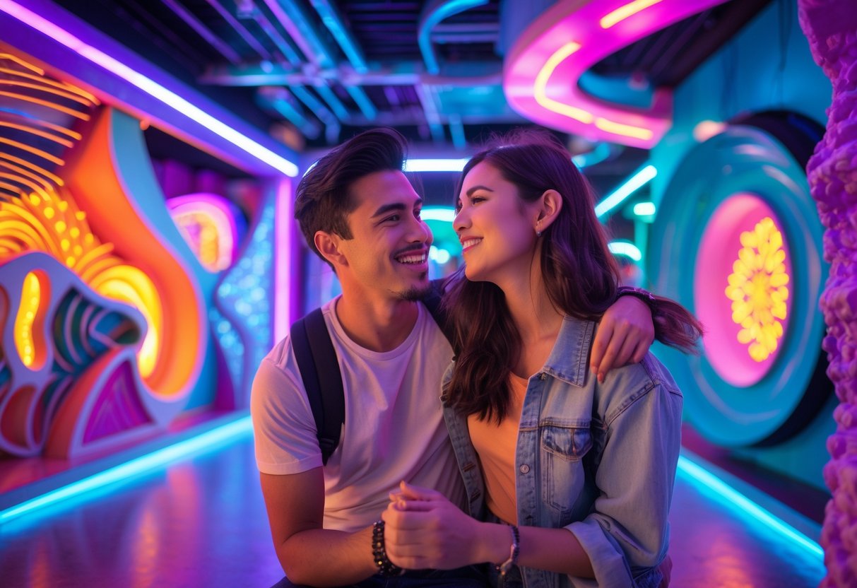 A young couple exploring colorful and immersive art installations with bright neon lights and abstract shapes, enjoying a creative date experience.