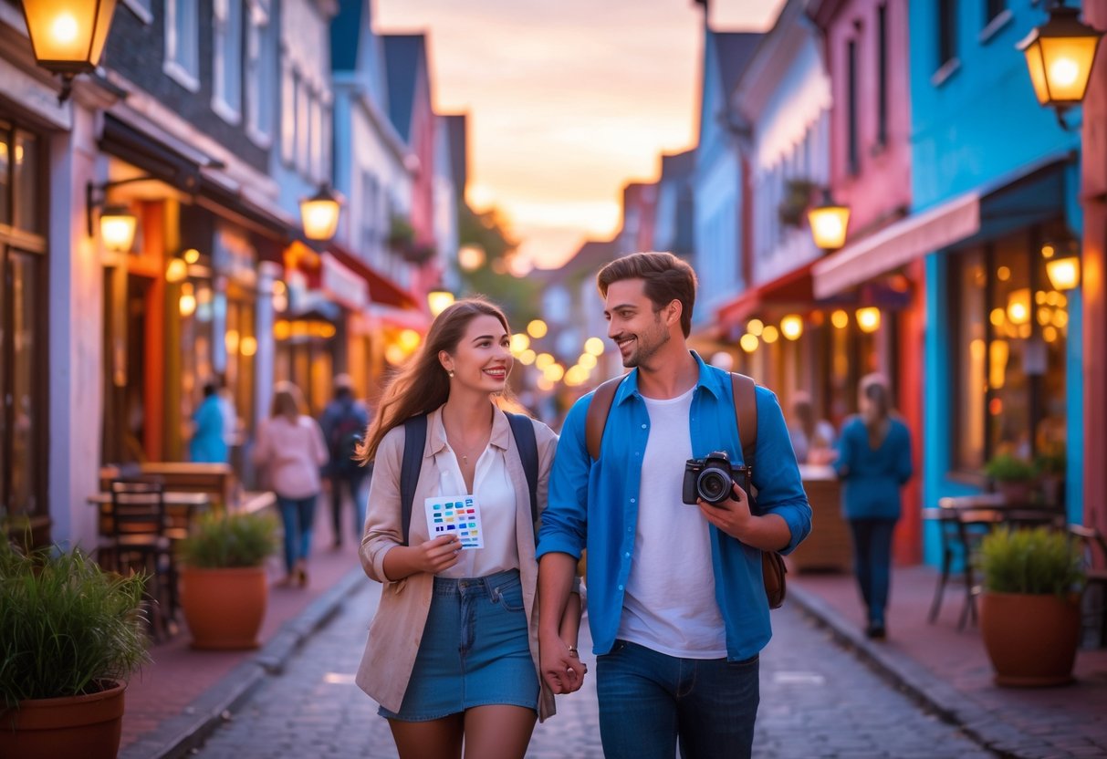 A young couple walking hand-in-hand on a lively town street, holding a camera and checklist during a photo scavenger hunt.