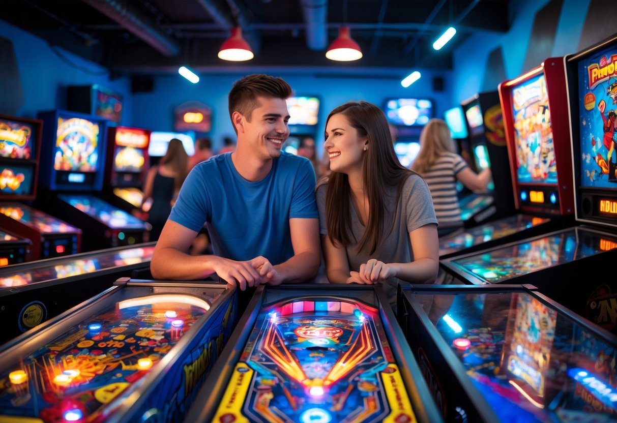 A young couple playing pinball games together in a brightly lit arcade filled with colorful lights and other people enjoying games.