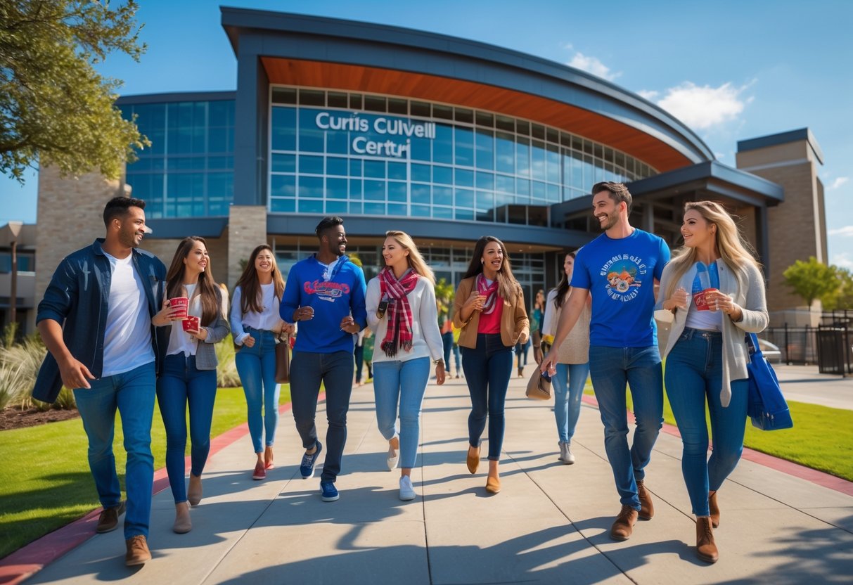 People walking happily outside the Curtis Culwell Center in Garland, Texas on a sunny day before a sports event.
