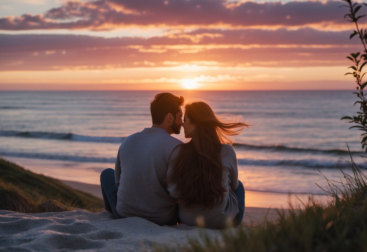 A couple sitting together watching a colorful sunset at a beach or hill.