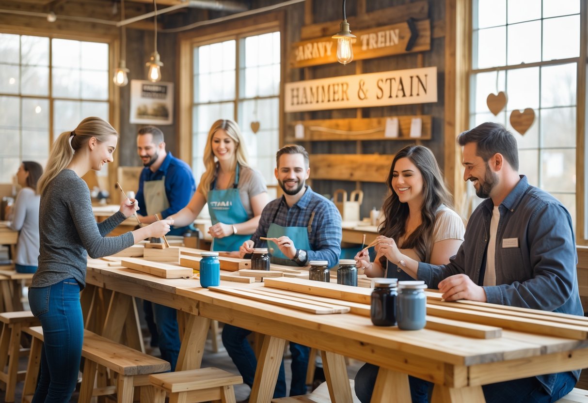 Couples working on craft projects together at a bright, well-lit workshop with wooden tables and art supplies.