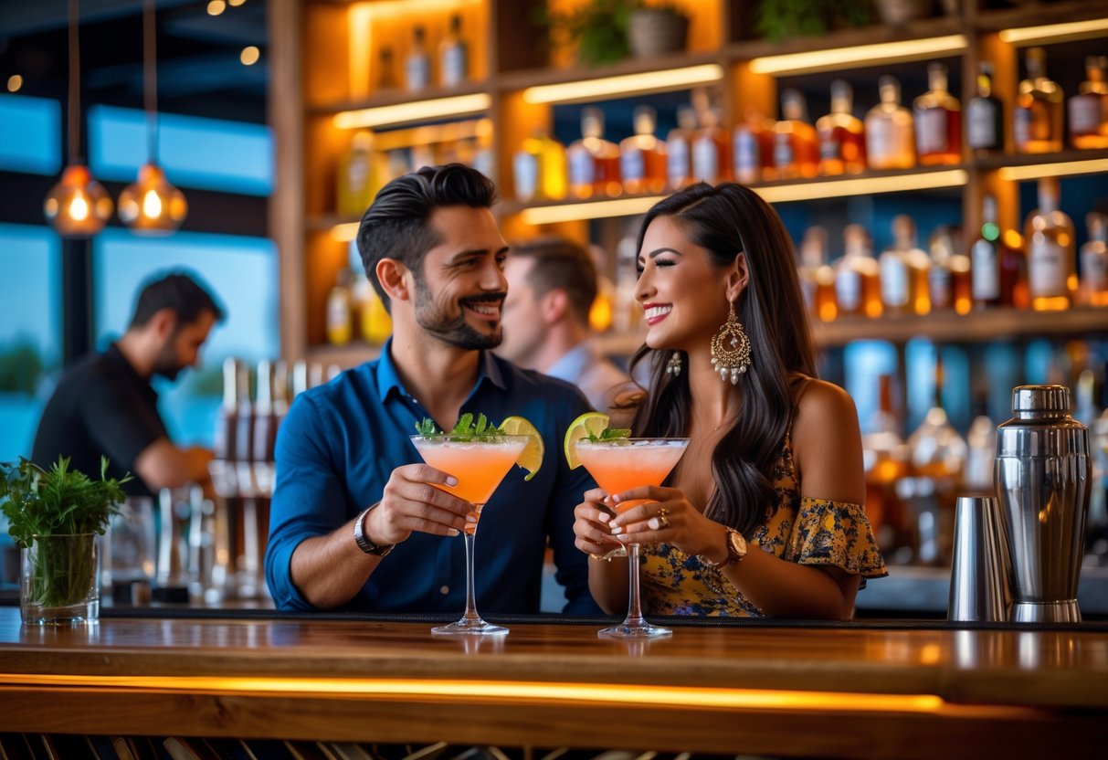 A couple enjoying craft cocktails at a stylish bar with bartenders preparing drinks in the background.
