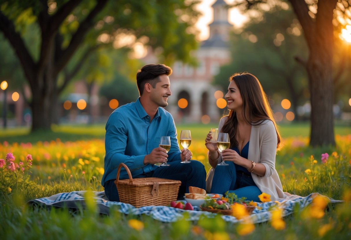 A young couple enjoying a picnic together in a green park with trees and flowers in Garland, Texas.