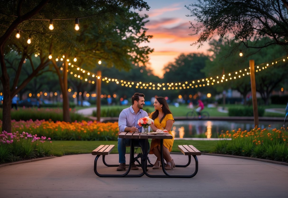 A couple enjoying a romantic evening picnic in a green park with trees, flowers, and string lights at sunset in Garland, Texas.