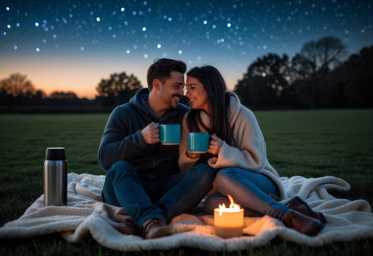 A couple sitting on a blanket outdoors at night, drinking hot beverages and looking at the starry sky.