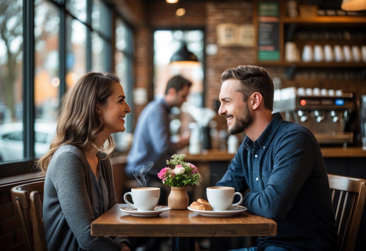 A young couple enjoying coffee together at a small table inside a cozy local café.