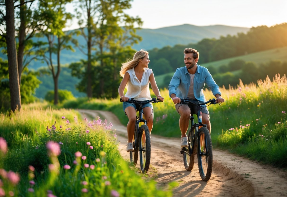 A couple riding bicycles together on a forest trail surrounded by trees and greenery.