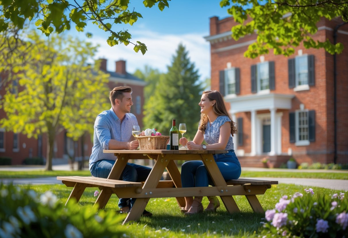 A young couple sitting at a picnic table in a park surrounded by trees and flowers, enjoying a date in Hagerstown.