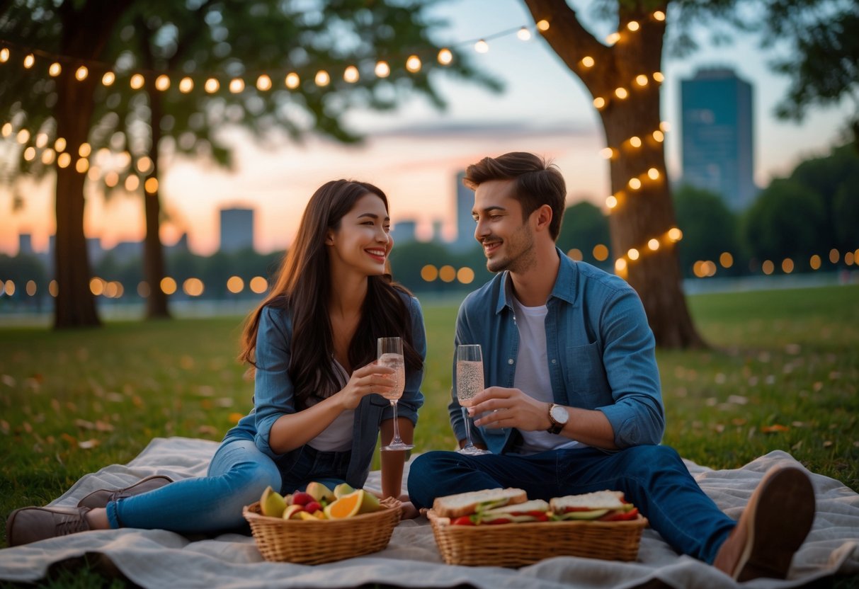 A young couple sitting on a picnic blanket outdoors at sunset, sharing a meal and smiling together.