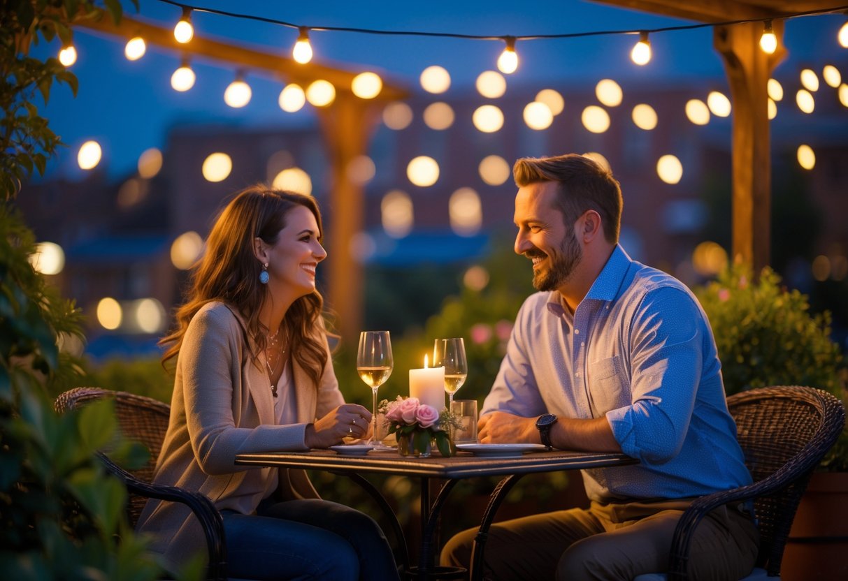 A couple enjoying a romantic outdoor dinner at a softly lit patio in Hagerstown, Maryland.