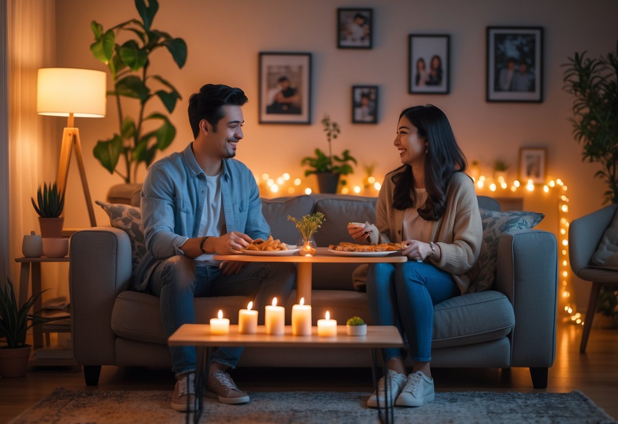 A young couple enjoying a cozy homemade dinner together in a warmly lit living room.