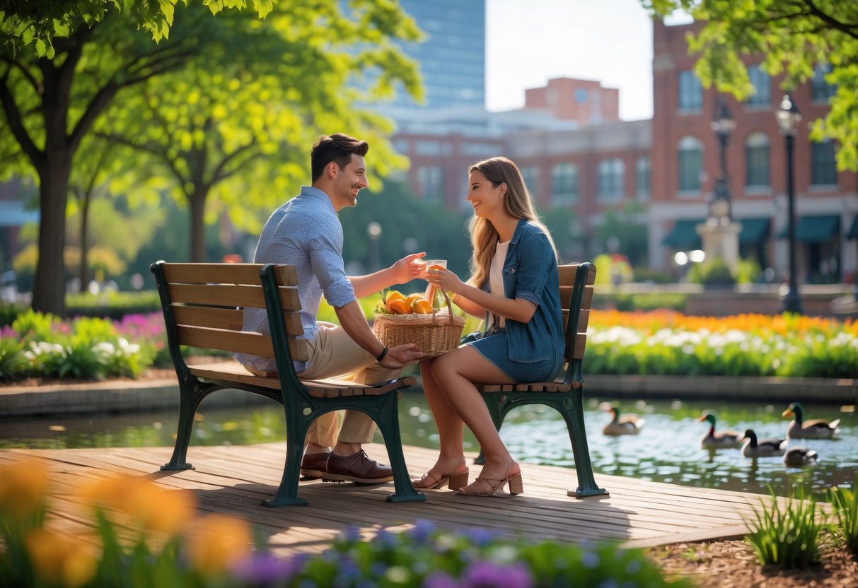 A young couple sitting on a bench by a pond in a green park, enjoying a picnic together on a sunny day.