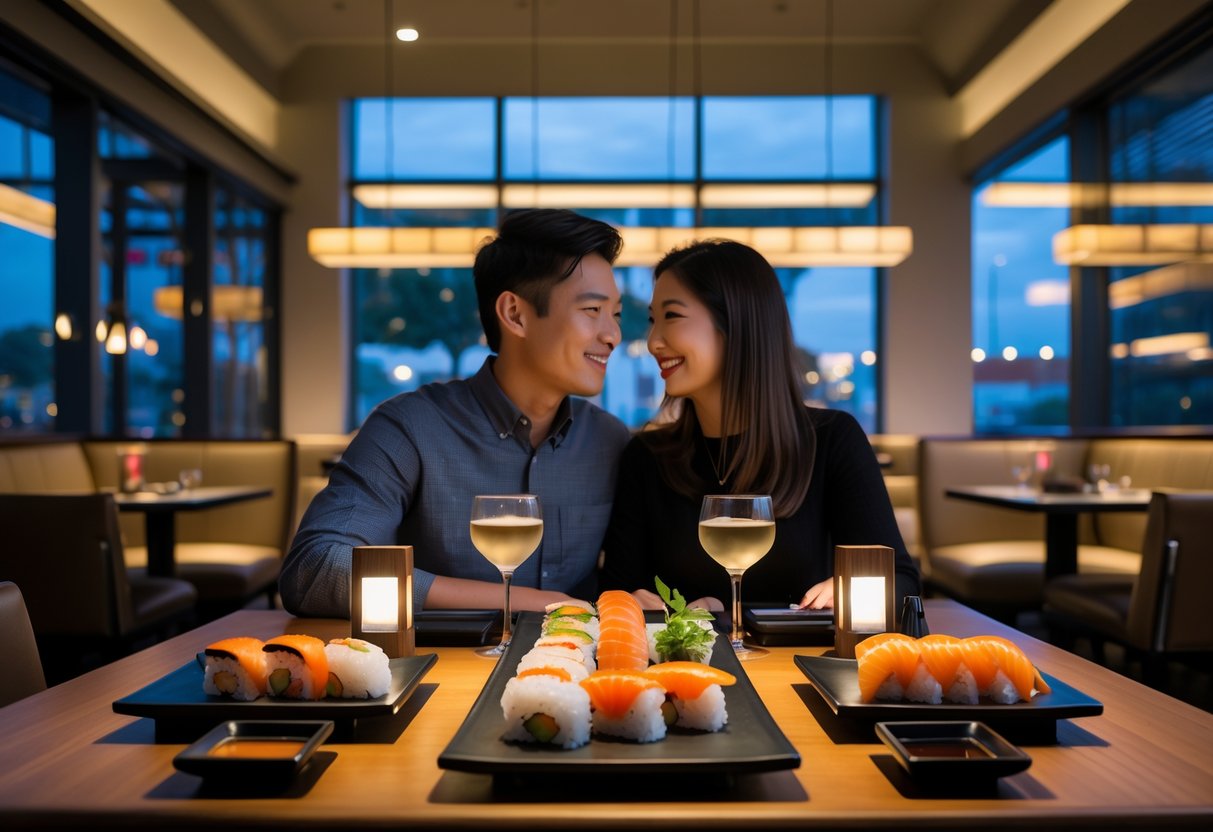 A couple enjoying a sushi dinner together at a modern restaurant with warm lighting and elegant table settings.