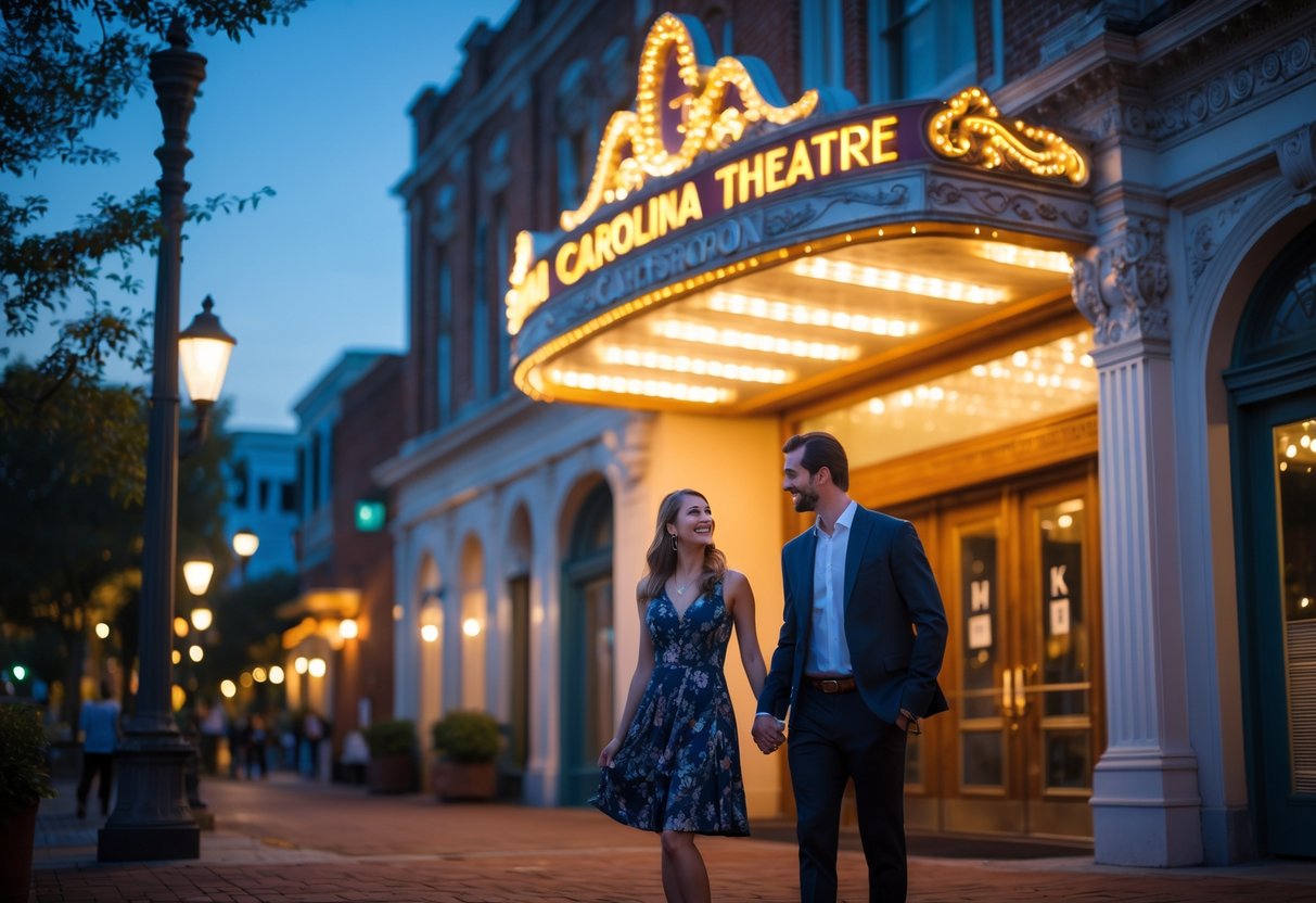 A couple walking hand in hand outside the illuminated Carolina Theatre in Greensboro during the evening.
