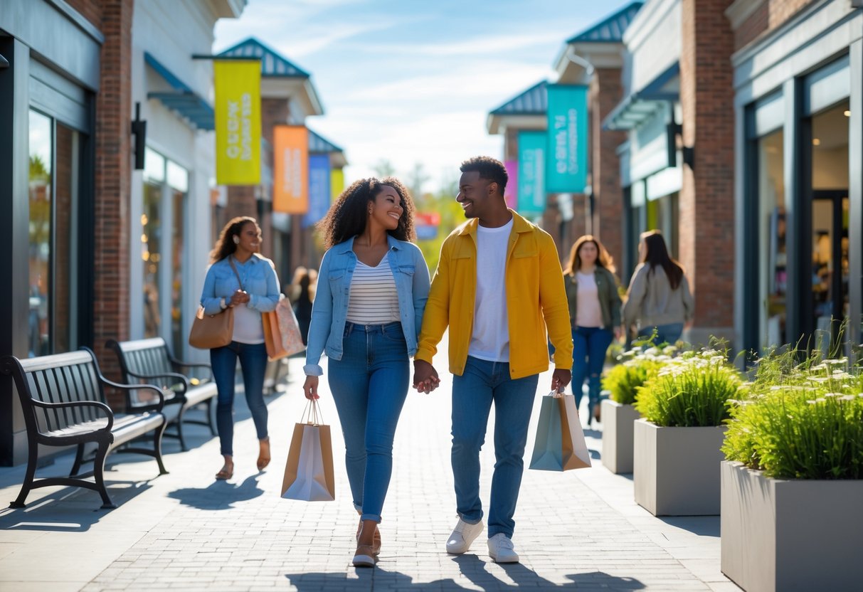 A young couple walking hand-in-hand at an outdoor shopping outlet with stores and other shoppers around them.