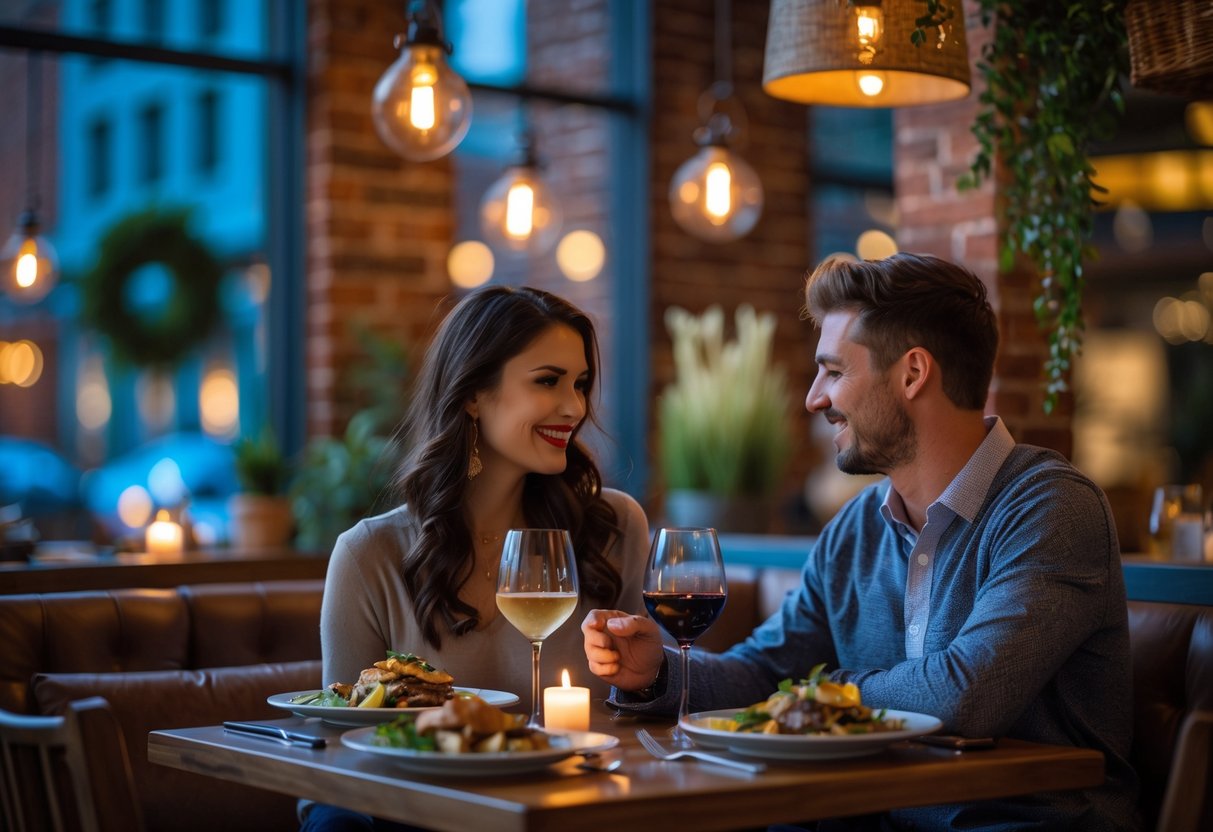 A couple enjoying a romantic dinner at a cozy restaurant with warm lighting and rustic decor.