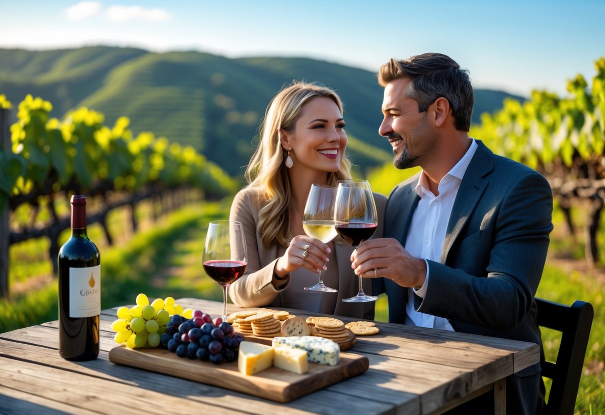 A couple enjoying wine tasting together at an outdoor vineyard table surrounded by grapevines and greenery.