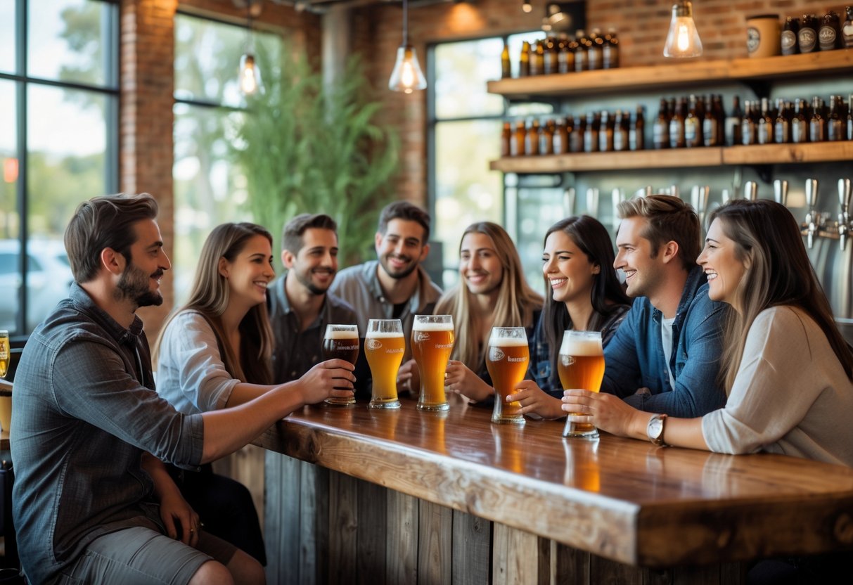 People enjoying craft beers together at a brewery bar with natural light and warm atmosphere.