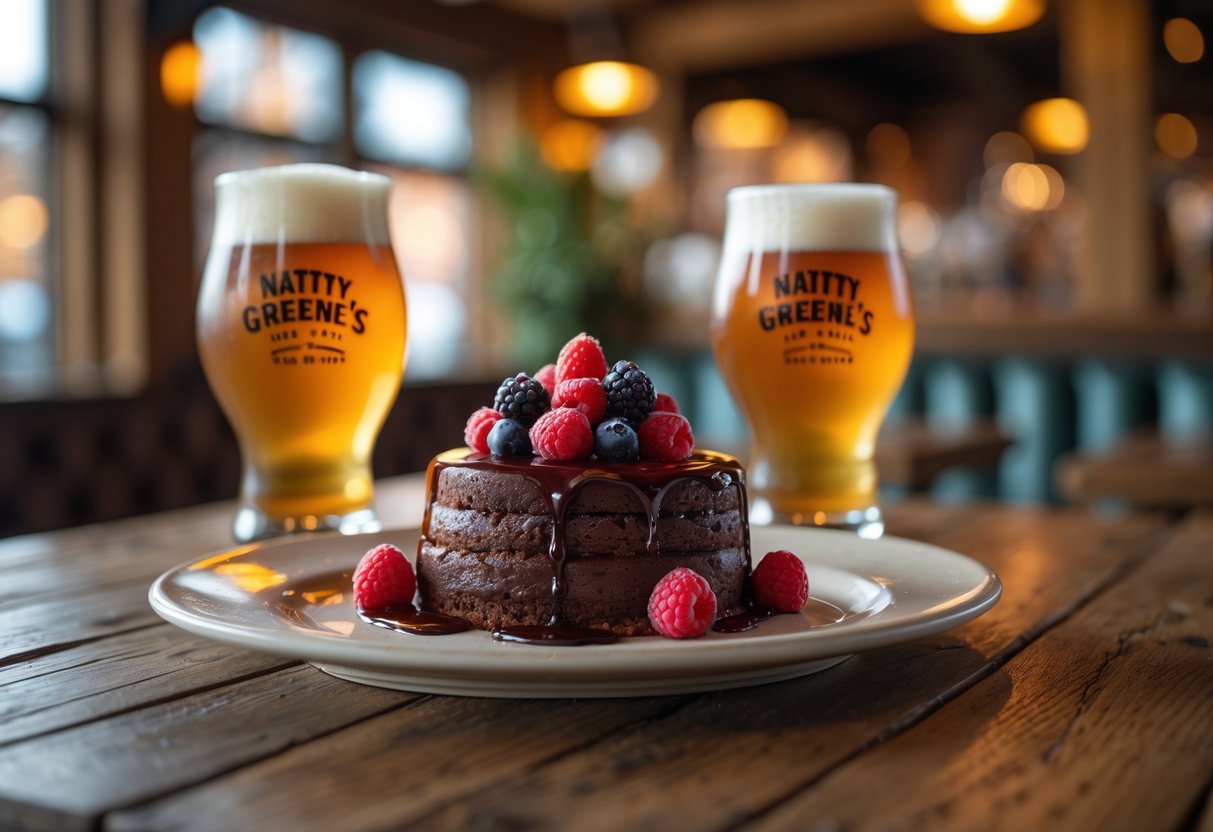 A dessert plate with chocolate cake and berries on a wooden table with two glasses of craft beer in a cozy pub setting.