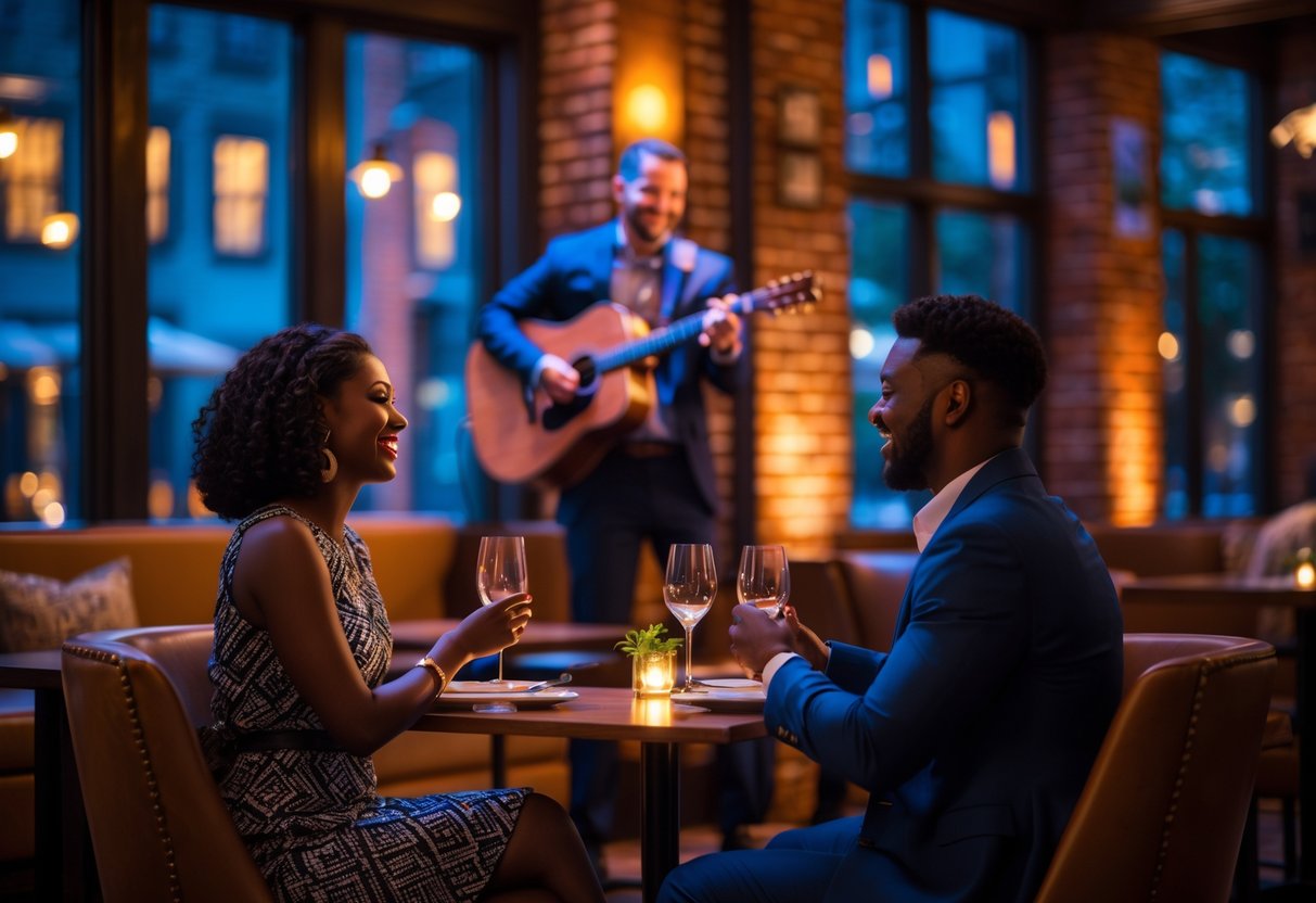 A couple enjoying live music at a cozy hotel venue with a musician performing on stage.