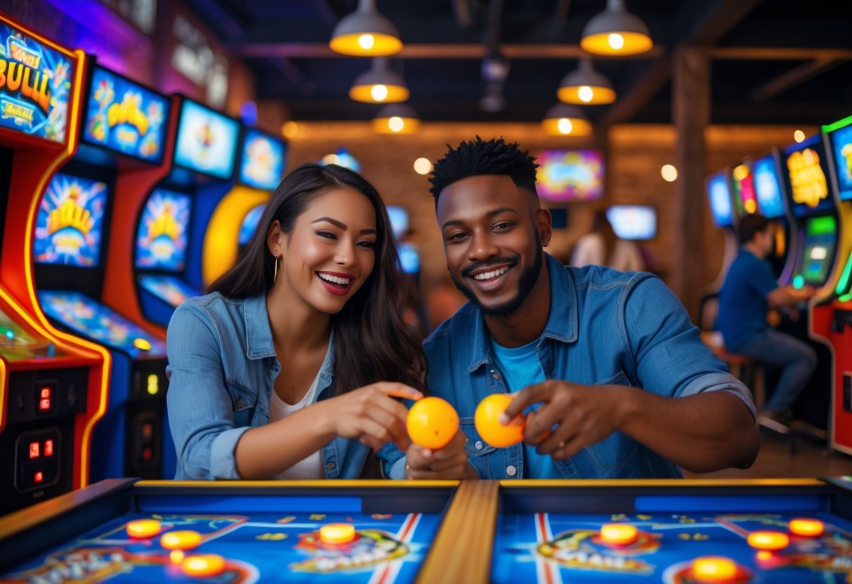 A young couple playing arcade games together inside a lively arcade with colorful machines and bright lights.