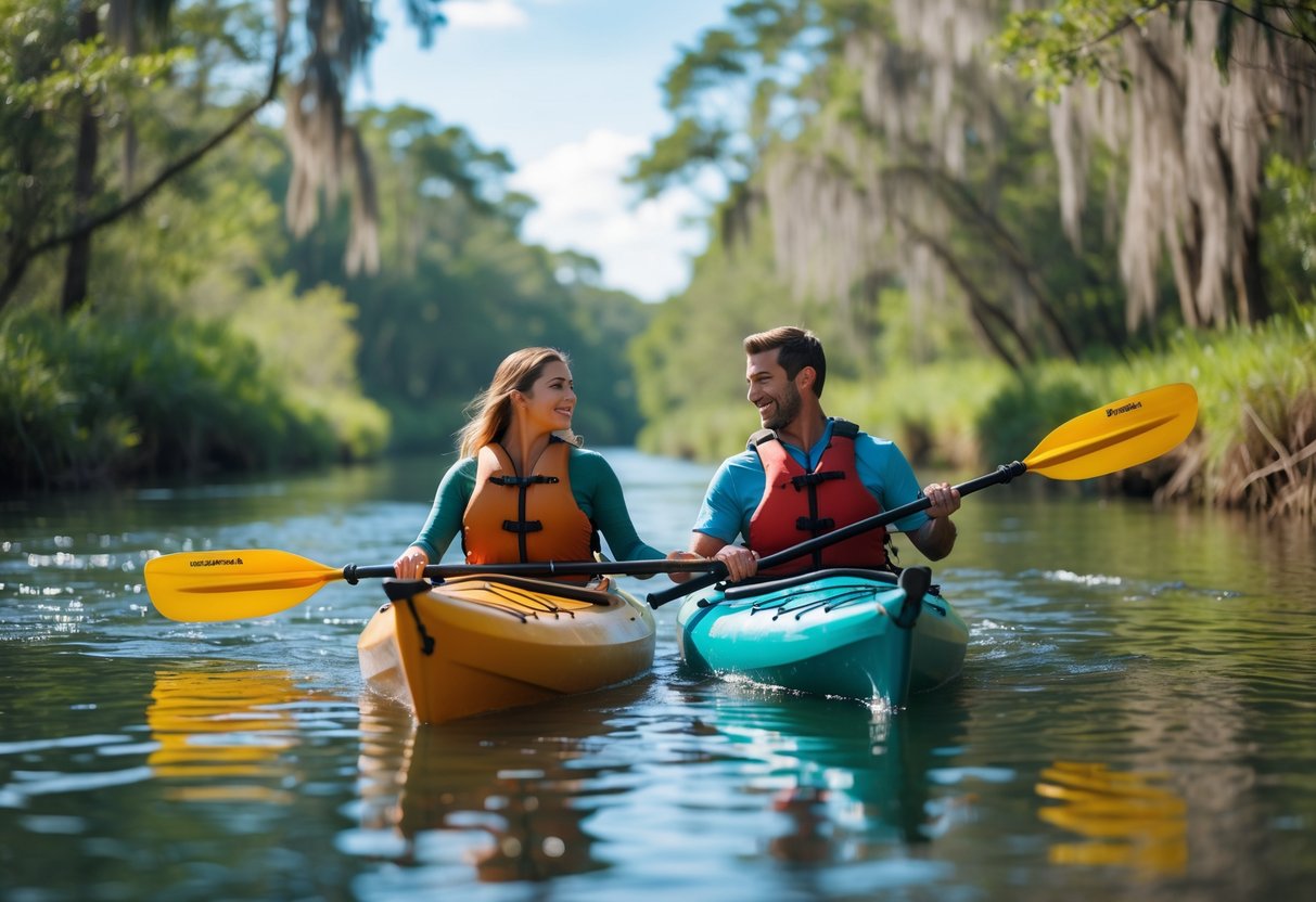A couple kayaking on a calm river surrounded by green trees at Gainesville-Hawthorne State Trail.