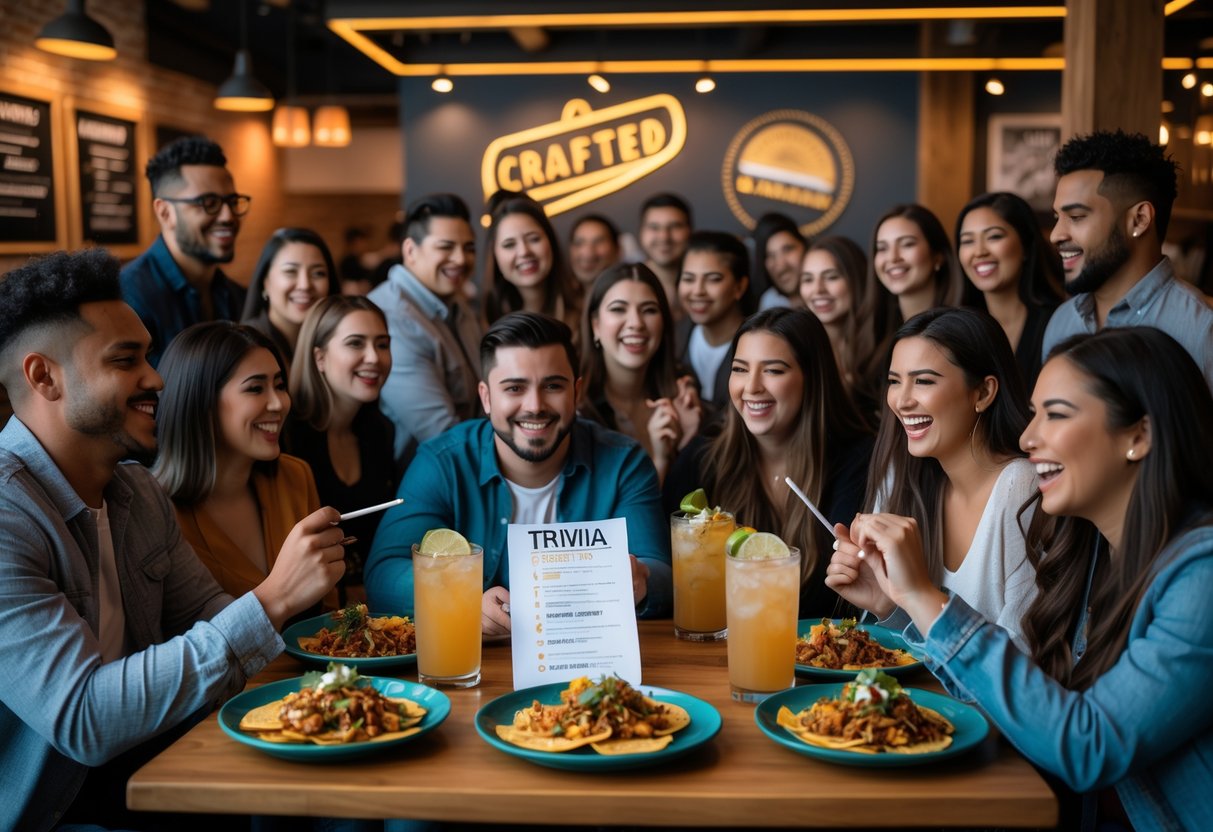 People enjoying trivia night at a cozy taco restaurant, sharing food and drinks around wooden tables.