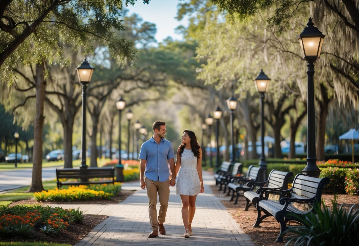 A couple walking hand-in-hand along a tree-lined path in a park on a sunny day.