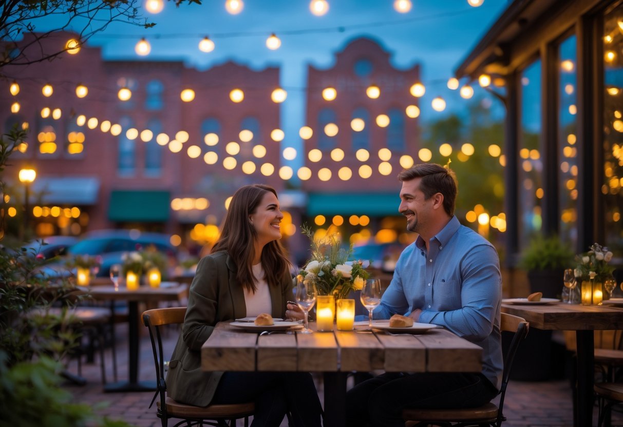 A young couple enjoying a romantic outdoor dinner at a warmly lit restaurant in downtown Greensboro during twilight.