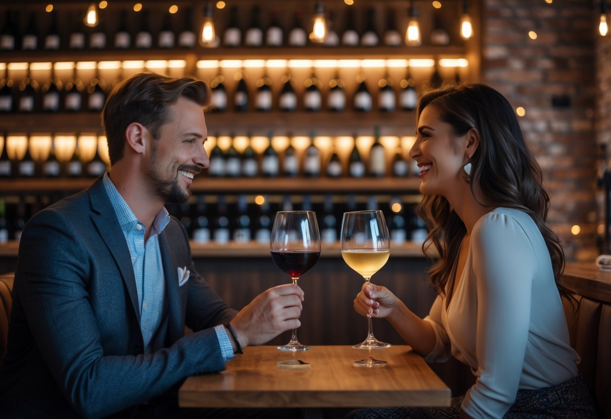 A couple enjoying wine together at a cozy wine bar with shelves of wine bottles in the background.