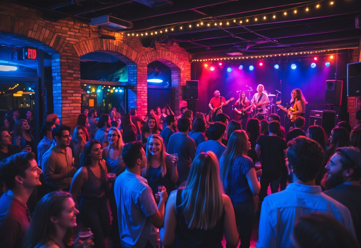 People enjoying a live music concert at an indoor venue with a band playing on stage and colorful lights.