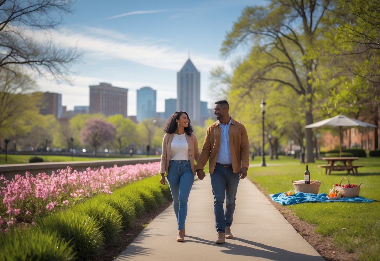 A young couple walking hand-in-hand along a park path with flowers and trees, smiling and enjoying a sunny day in Greensboro.