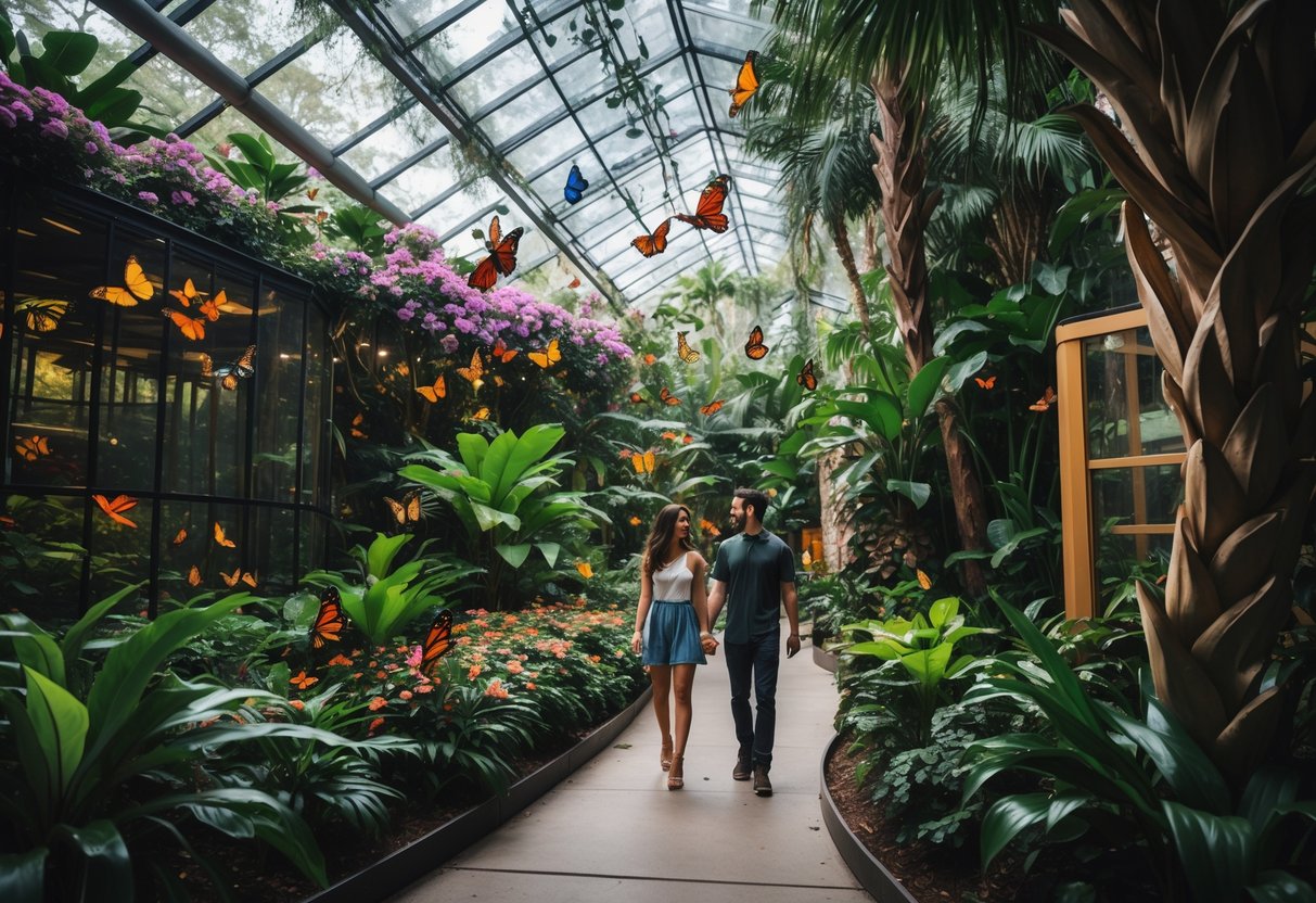 A young couple walking through a lush butterfly rainforest surrounded by colorful butterflies and tropical plants.