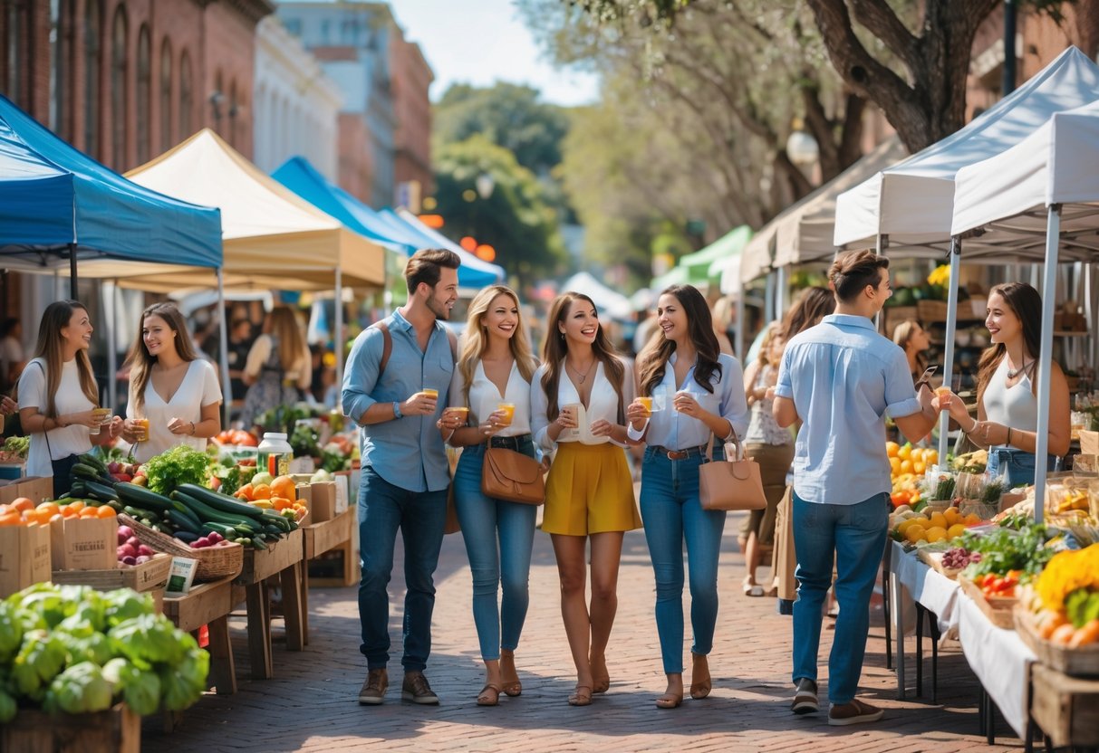 Couples and friends enjoying a sunny day at an outdoor farmers market with colorful stalls of fresh produce and flowers in downtown Gainesville.