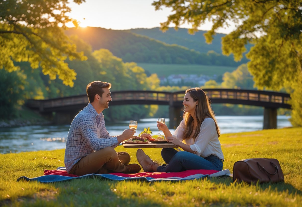 A young couple enjoying a picnic in a green park near a river with a wooden footbridge and hills in the background.