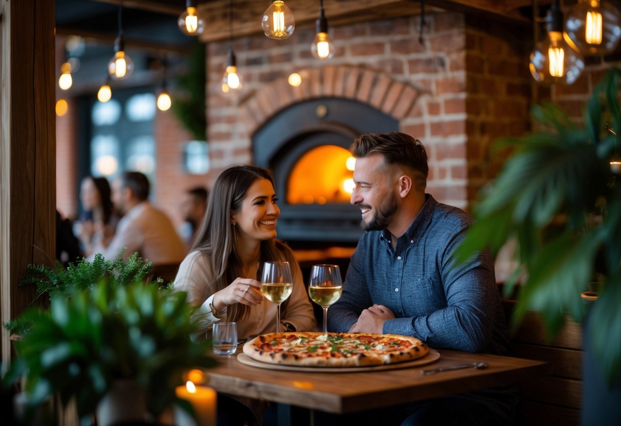 A couple enjoying a romantic dinner with wood-fired pizza at a cozy restaurant table.