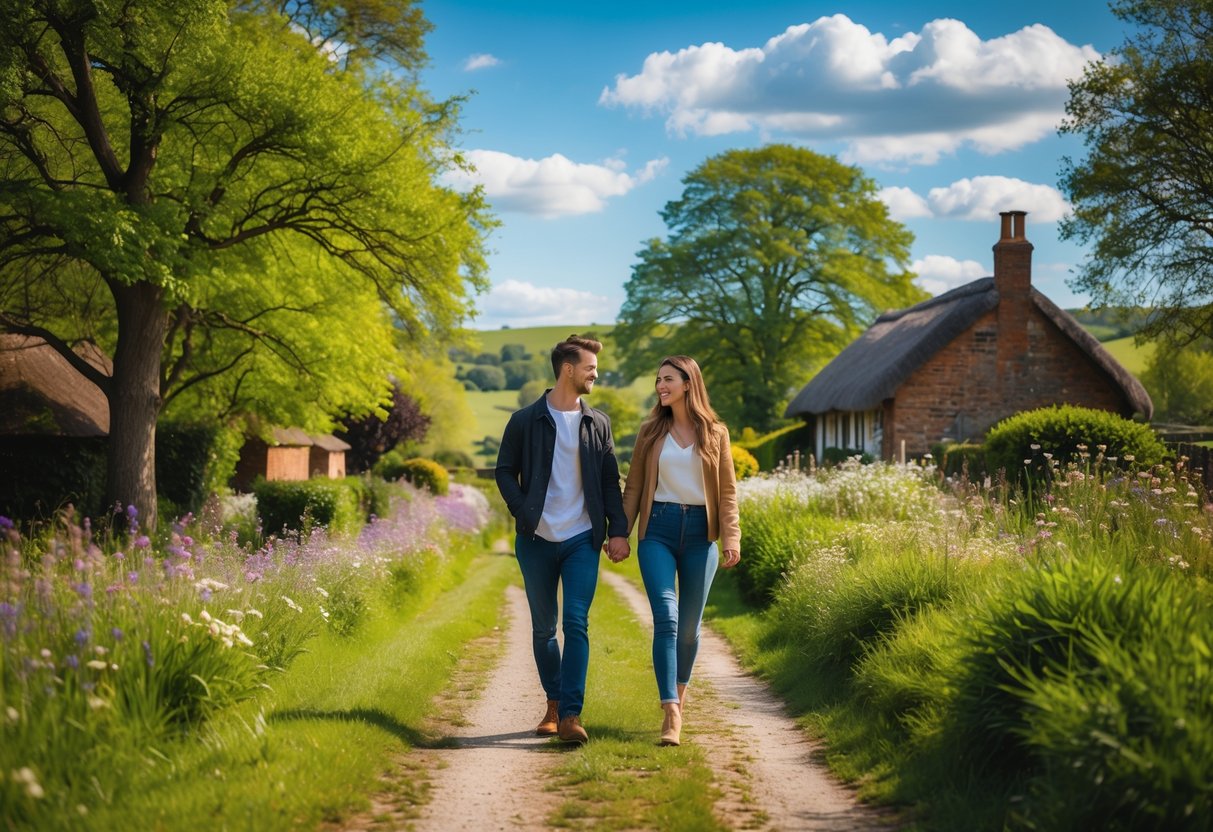 A young couple walking hand-in-hand along a countryside path with wildflowers, trees, and rolling hills in the background.