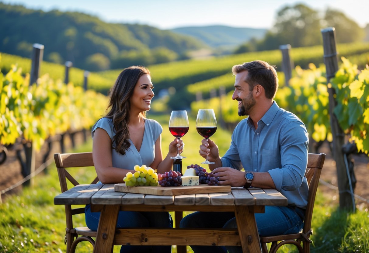 A couple enjoying wine tasting together at a vineyard surrounded by grapevines and rolling hills.