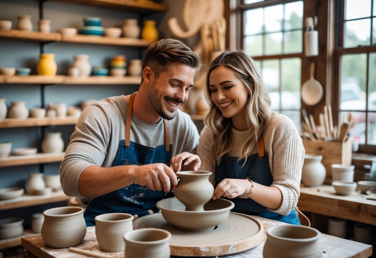 A couple making pottery together in a bright, cozy art studio with shelves of ceramics in the background.