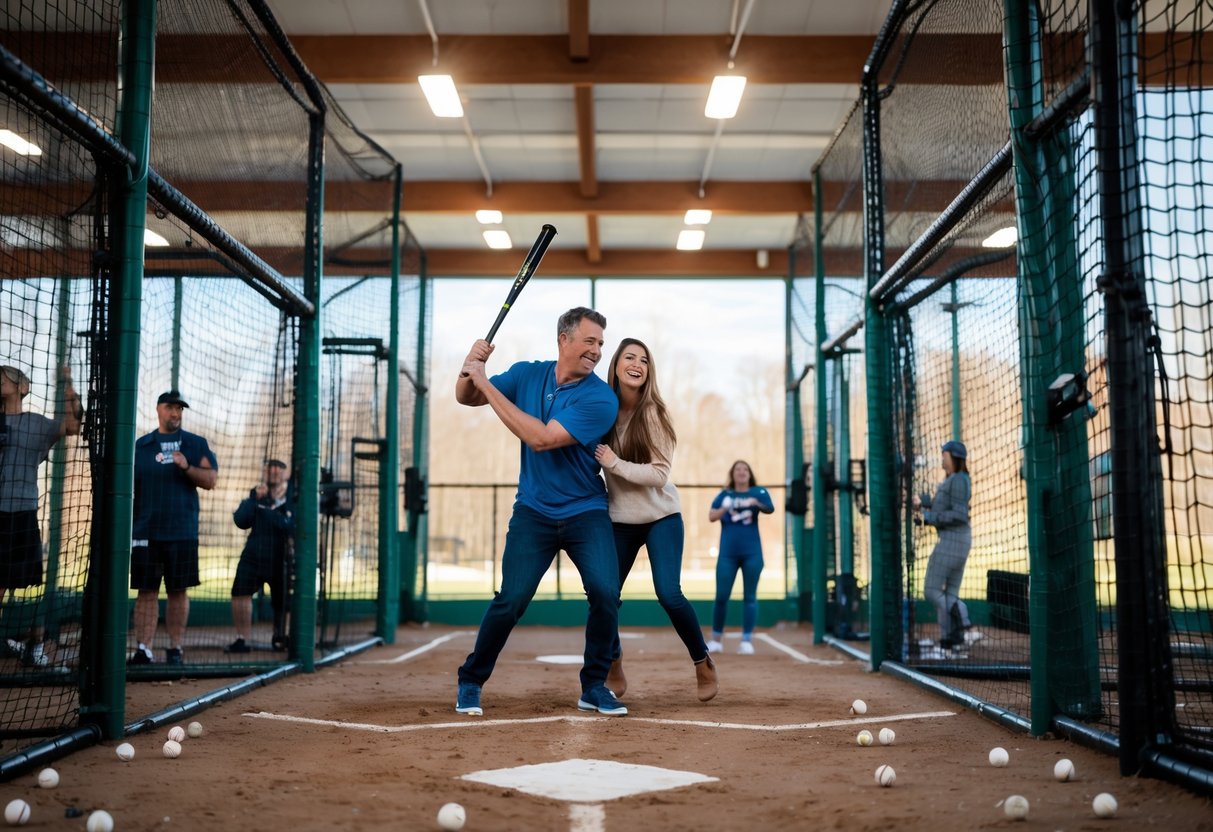 A young couple enjoying batting cages at an indoor sports facility with baseball equipment and nets visible.