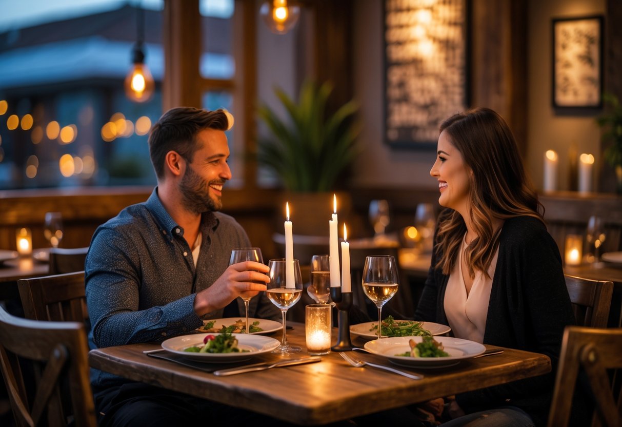 A couple enjoying a romantic dinner together at a warmly lit restaurant table.