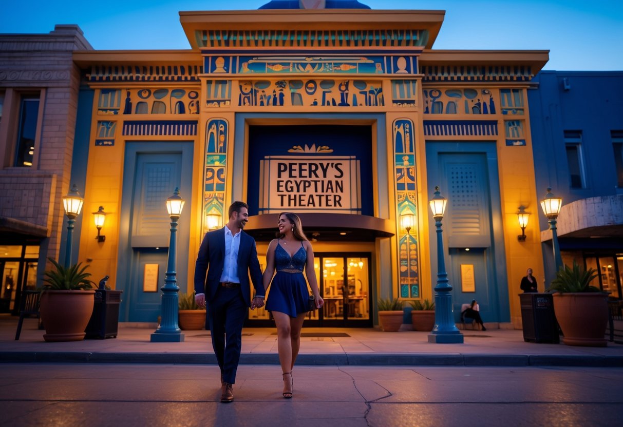 A couple walking hand in hand outside Peery's Egyptian Theater in Ogden, Utah during evening.