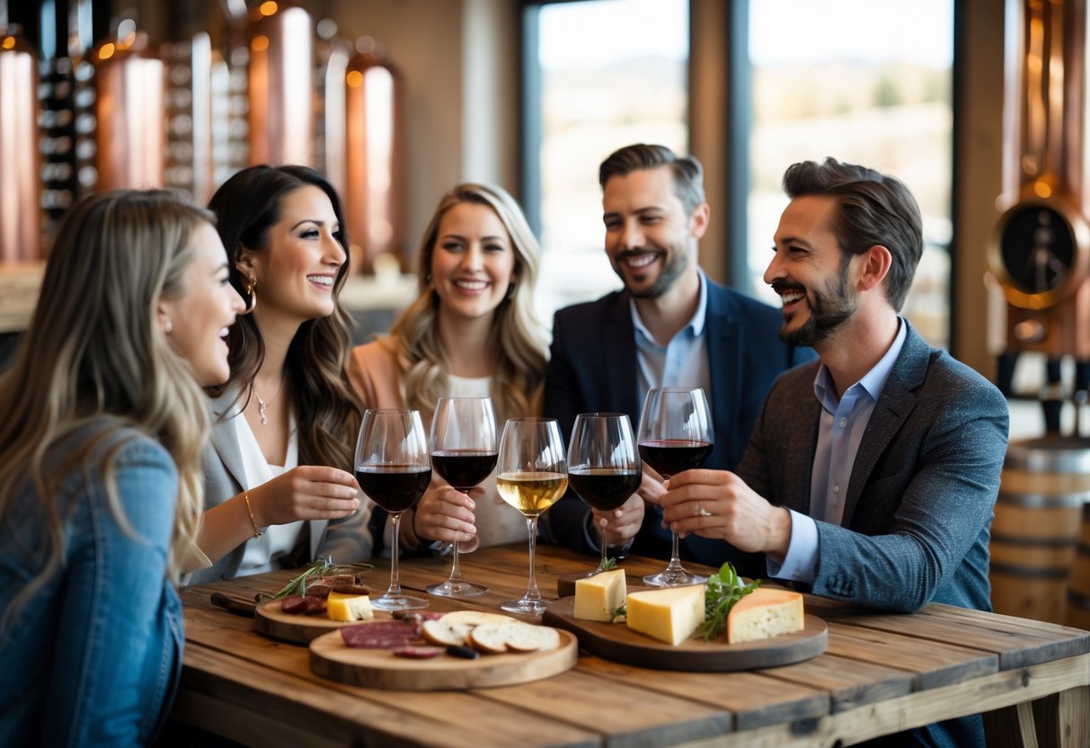 A group of people enjoying wine tasting together around a wooden table in a distillery tasting room.