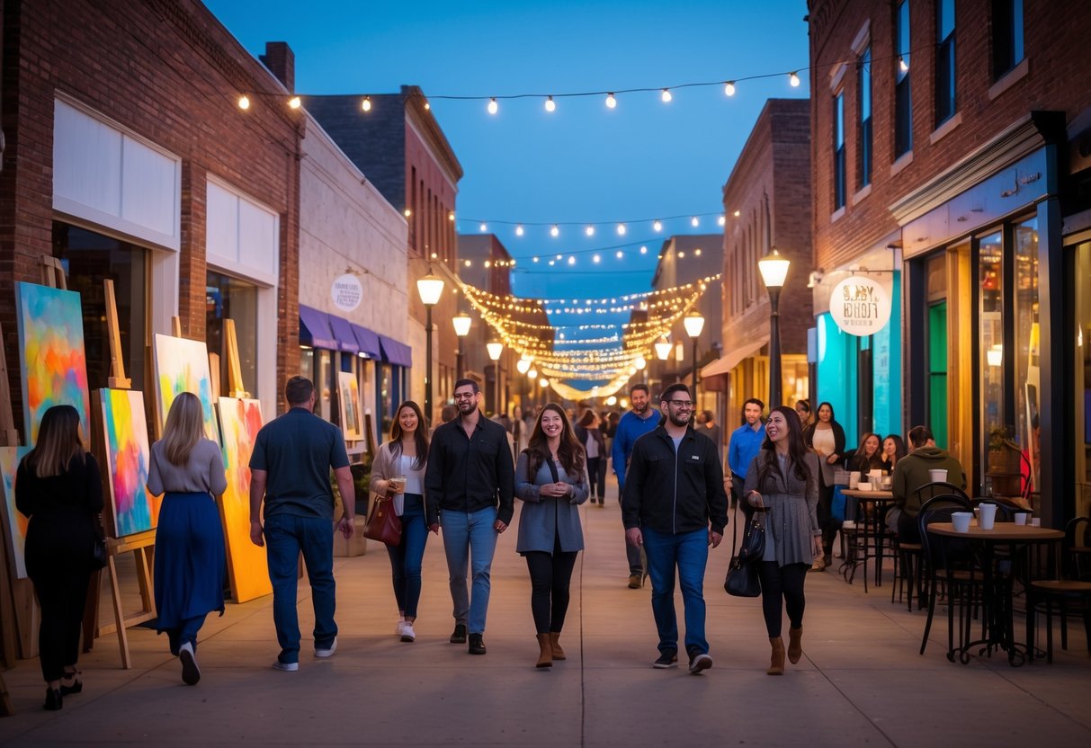 People walking and enjoying art displays on a lively street in downtown Ogden during an evening art event.