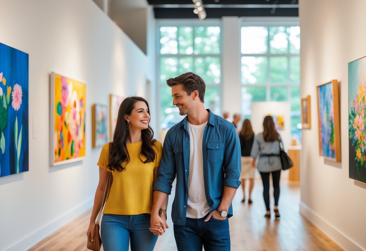 A young couple walking hand in hand inside an art gallery, looking at paintings and sculptures.