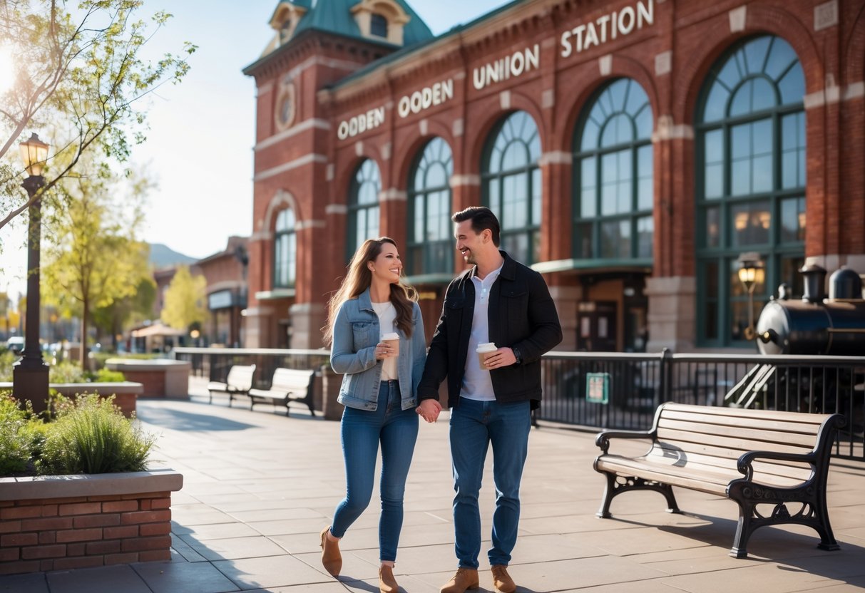 A young couple enjoying a sunny day near a historic red brick train station with vintage architectural details.