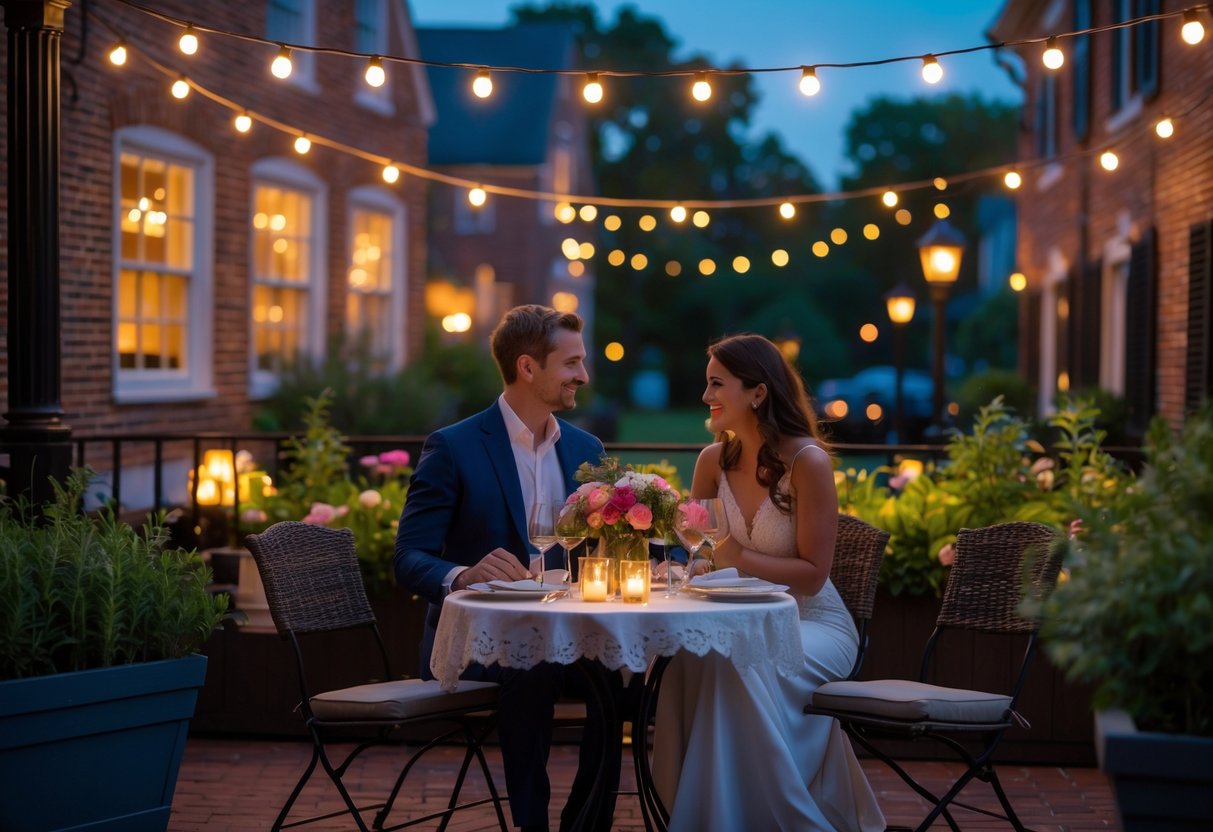 A couple enjoying a romantic dinner at an outdoor patio with string lights and historic buildings in the background.