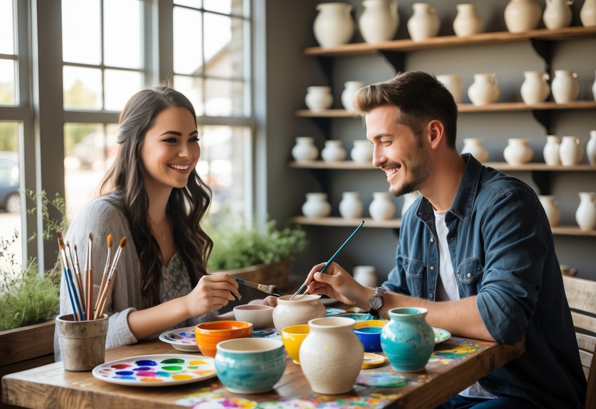 A young couple painting pottery together at a table in a bright and cozy studio.
