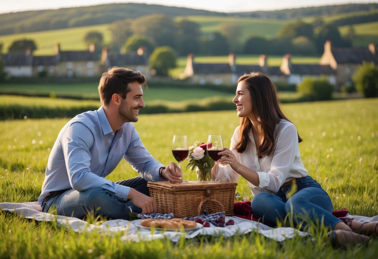 A young couple enjoying a picnic together outdoors in a green meadow with countryside hills and cottages in the background.